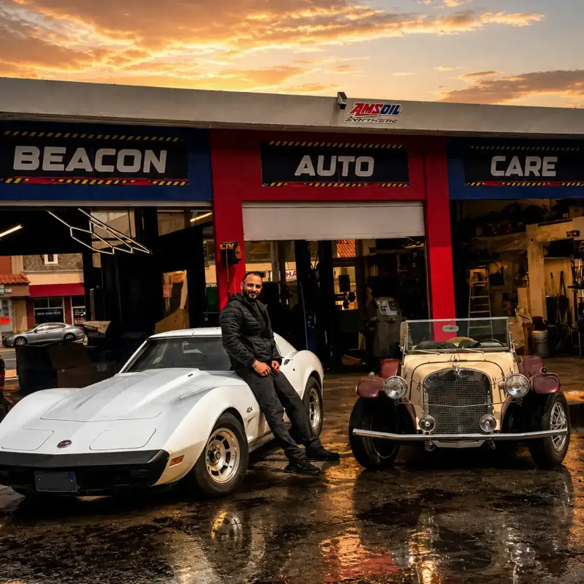 Moe, owner of Beacon Auto Care, in front of the shop at 2300 S El Camino Real in San Mateo at sunset